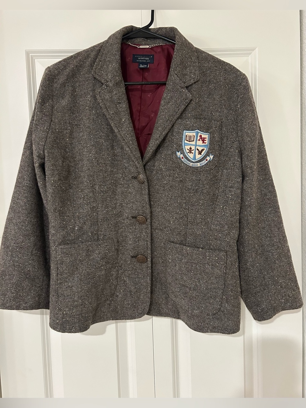 American Eagle Outfitters Brown Tweed Blazer with Embroidered Crest